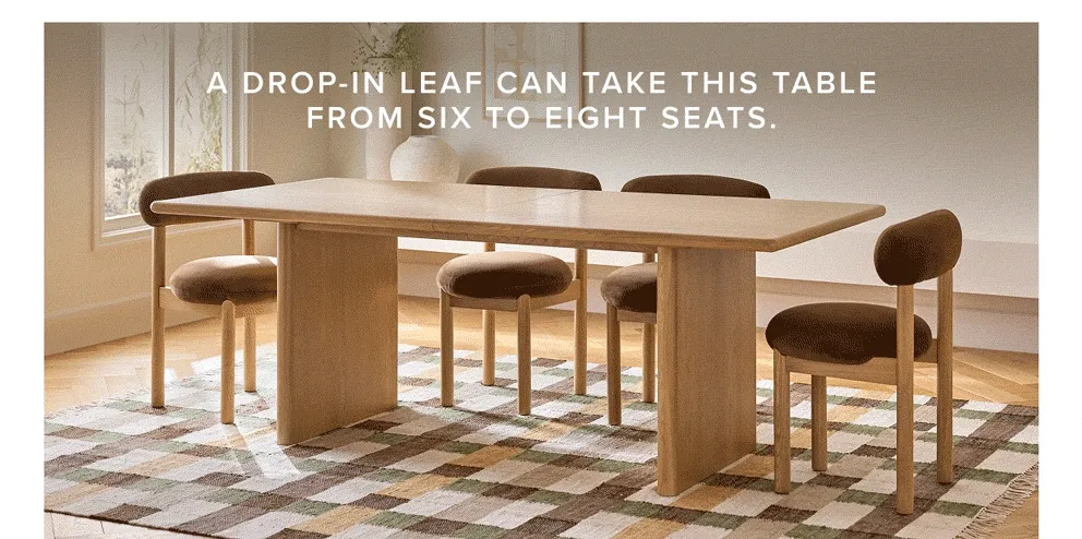A drop-in leaf can take this table from six to eight seats.