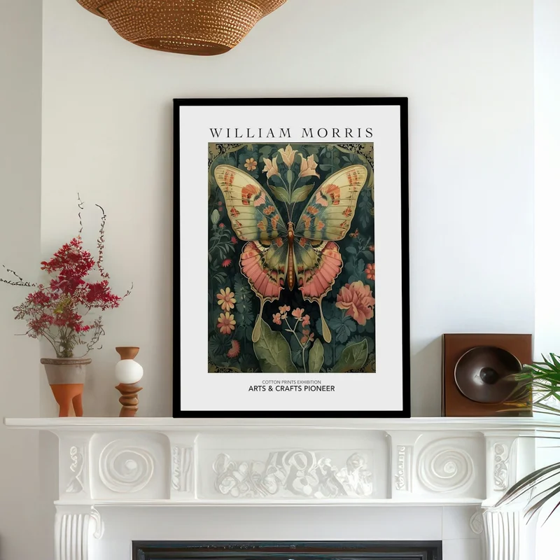 Image of William Morris Print Pink Butterfly Botanical Poster Vintage Wall Art Textiles Art Vintage Poster Art Print