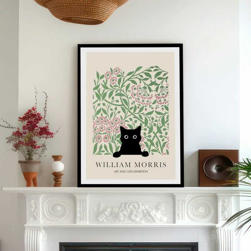 Image of William Morris Peeakaboo Cat Michaelmas Daisy John Henry Dearle Art Print