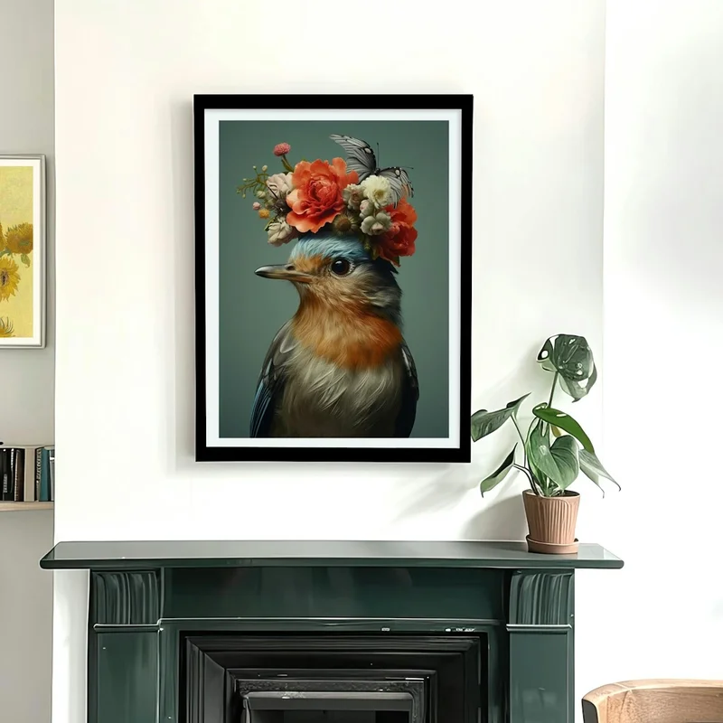 Image of Bird With A Flower Crown European Robin 1 Art Print
