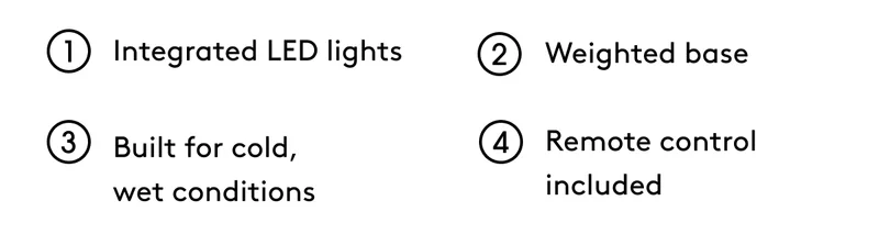 Integrated LED lights, weighted base, built for cold and wet conditions, remote control included.