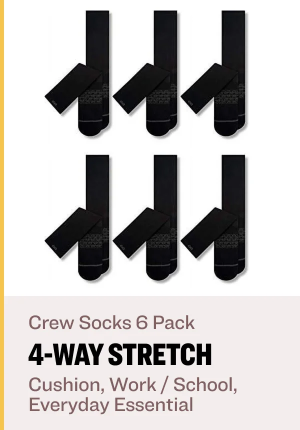 Crew Socks 6 Pack 4-Way Stretch Cushion, Work / School, Everyday Essential
