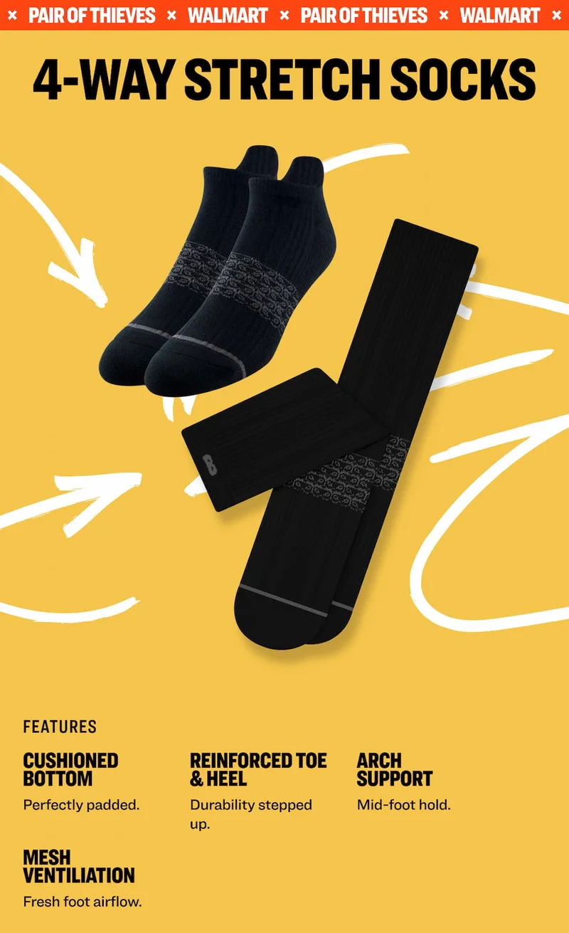 4-Way Stretch Socks features CUSHIONED BOTTOM REINFORCED TOE & HEEL&nbsp; ARCH SUPPORT&nbsp;&nbsp; Perfectly padded.&nbsp; Durability stepped up.&nbsp;&nbsp; Mid-foot hold.&nbsp;&nbsp; MESH VENTILIATION&nbsp;&nbsp; Fresh foot airflow.
