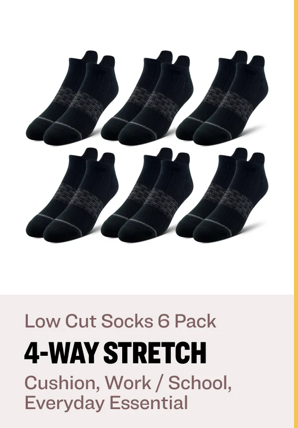 Low Cut Socks 6 Pack 4-Way Stretch Cushion, Work / School, Everyday Essential