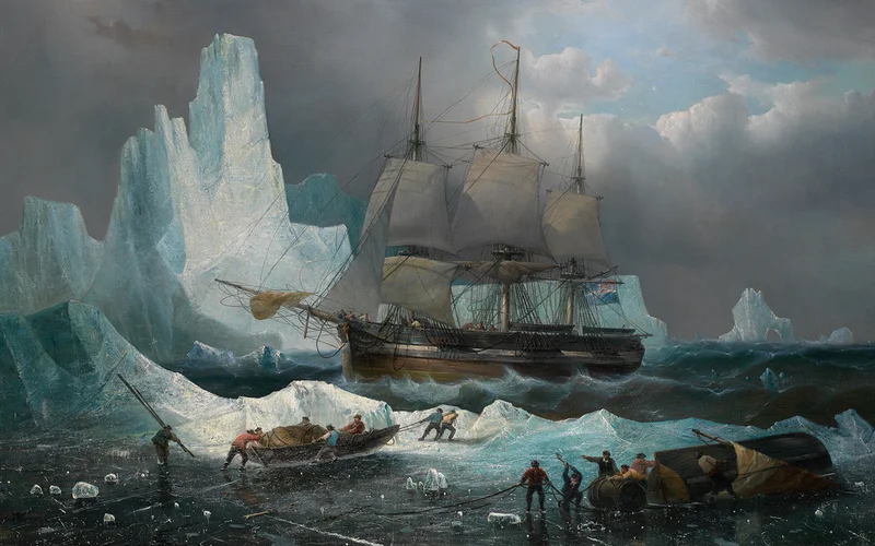 19th-century oil painting by Belgian artist Francois-Etienne Musin depicts Sir John Franklin's HMS Erebus, the flagship for the ill-fated 1845 Arctic expedition to locate the Northwest Passage.