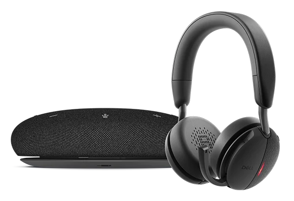 Dell Pro Plus Wireless Speakerphone SL525 in side view and Dell Pro Plus Wireless ANC Headset WL5024.
