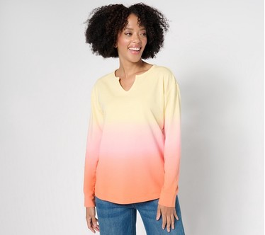 Denim & Co. French Terry Dip Dye Long Sleeve Pullover