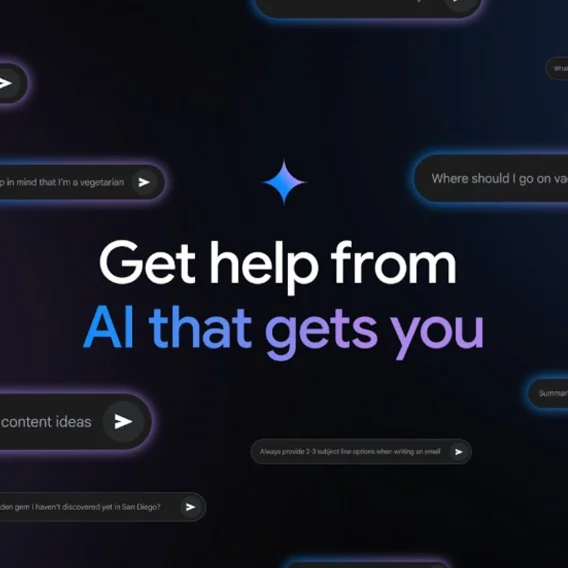 an illustrated black box with various search bars in the background and the text “Get help from AI that gets you”
