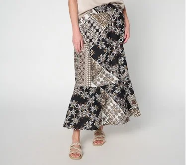 Susan Graver Petite Printed Dolce Woven Skirt with Smocked Waist