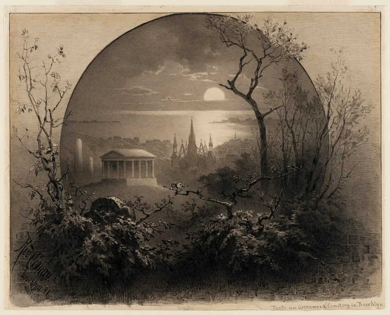 A painting of a cemetery with trees