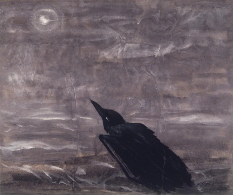 An illustration of a crow looking at the moon