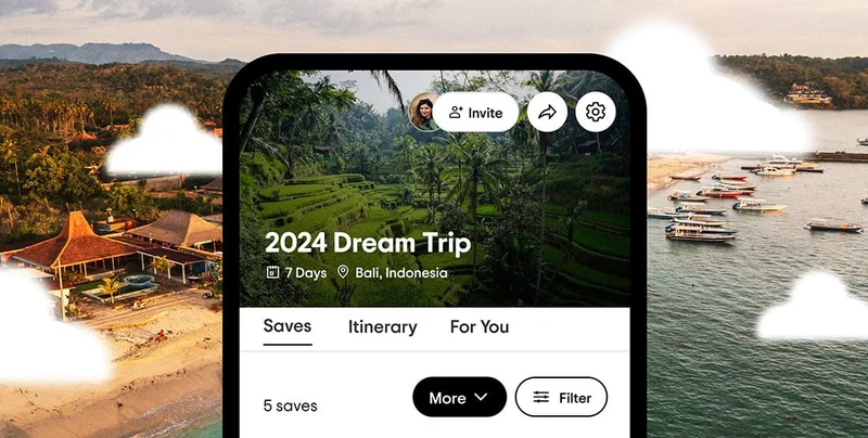 Image Description: A phone with “2024 Dream Trip” on its screen above a seven-day Bali itinerary. A resort on the beach and boats in the water with clouds are in the background.