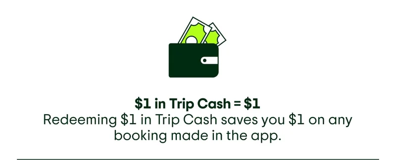 Image description: Icon of a wallet with Trip Cash in it. $1 in Trip Cash = $1. Redeeming $1 in Trip Cash saves you $1 on any booking made in the app.