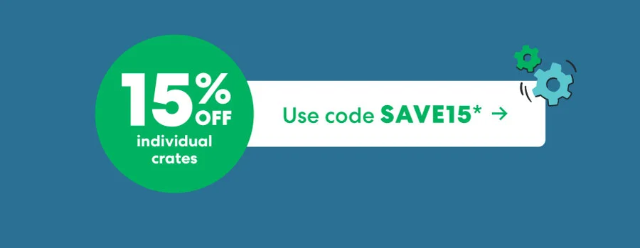Discount Badge: ''15% OFF individual crates'' with promo code ''discount code*''.