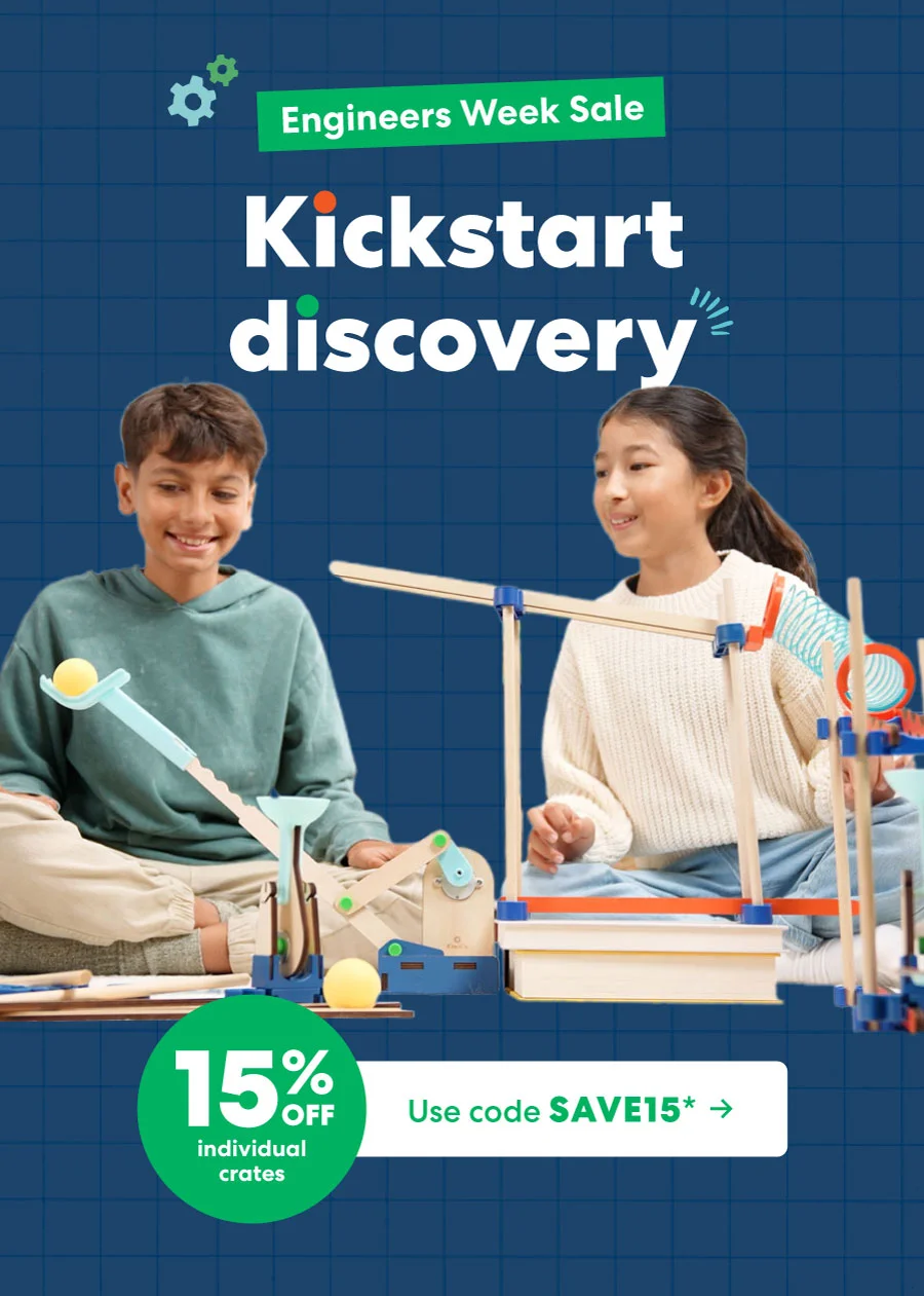 ''Engineers Week Sale – Kickstart discovery'' with a gear icon. Discount Badge: ''15% OFF individual crates'' with promo code ''discount code*''.