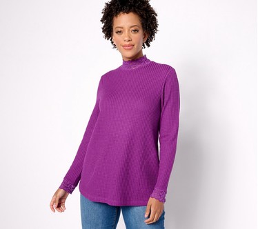 LOGO by Lori Goldstein Metallic Waffle Knit Mock Neck Top w/ Lace