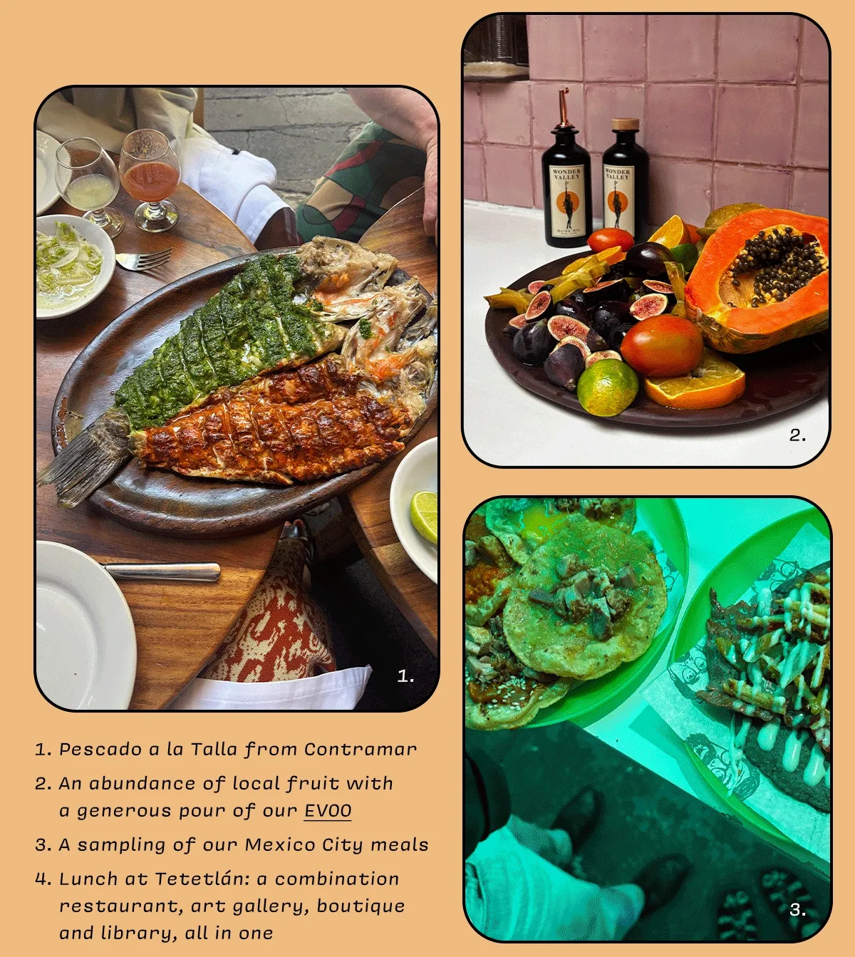 1. Pescado a la Talla from Contramar 2. An abundance of local fruit with a generous pour of our EVOO 3. A variety of our Mexico City meals