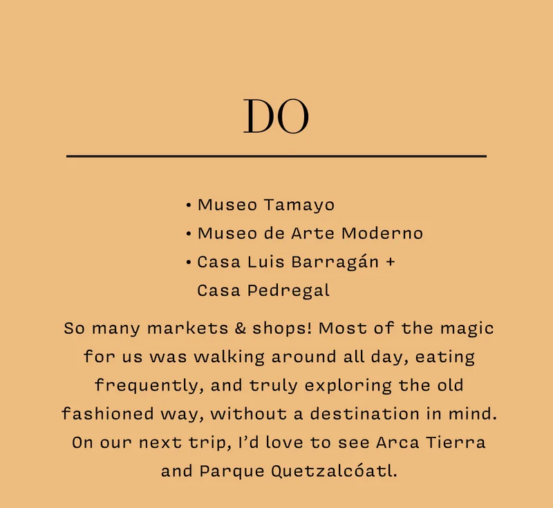 DO:  • Museo Tamayo  • Museo de Arte Moderno  • Casa Luis Barragán + Casa Pedregal      So many markets & shops! Most of the magic for us was walking around all day, eating frequently, and truly exploring the old fashioned way, without a destination in mind. On our next trip, I’d love to see Arca Tierra and Parque Quetzalcóatl.