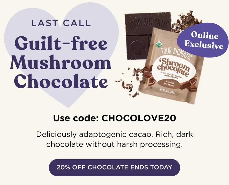 LAST CALL - Guilt-free Mushroom Chocolate (Online Exclusive) - Use code: CHOCOLOVE20 - Deliciously adaptogenic cacao. Rich, dark chocolate without harsh processing. -  20% OFF CHOCOLAT EENDS TODAY