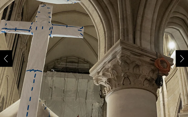 One of the more recent adornments that survived the fire, a large cross on the east end of Notre Dame’s choir, was installed in 1994. Made of wood and covered with gold leaf, it remained wrapped in a protective cover as rope technicians began to dismantle the nearby scaffolding in late June 2024.