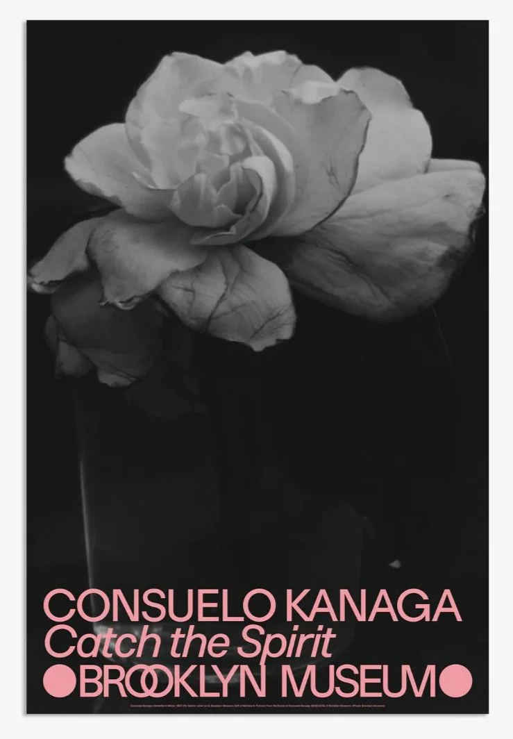 Poster with a photograph of a flower and text reading “Consuelo Kanaga: Catch the Spirit, Brooklyn Museum”