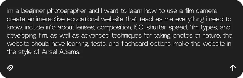 i'm a beginner photographer and I want to learn how to use a film camera. create an interactive educational website that teaches me everything i need to know. include info about lenses, composition, ISO, shutter speed, film types, and developing film, as well as advanced techniques for taking photos of nature. the website should have learning, tests, and flashcard options. make the website in the style of Ansel Adams.