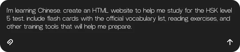 I'm learning Chinese. create an HTML website to help me study for the HSK level 5 test. include flash cards with the official vocabulary list, reading exercises, and other training tools that will help me prepare.