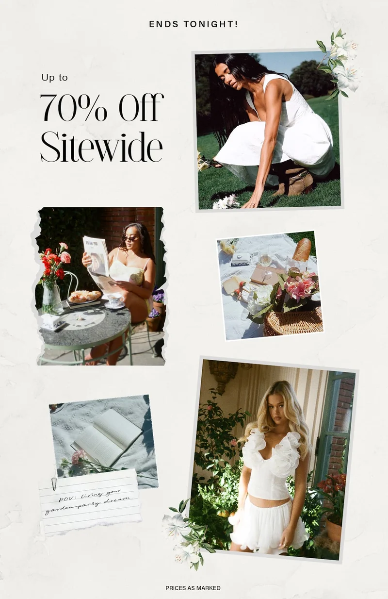 Collage of diverse models in elegant white and light-colored summer outfits, living a garden party dream. Ends tonight! 70% off sitewide sale.
