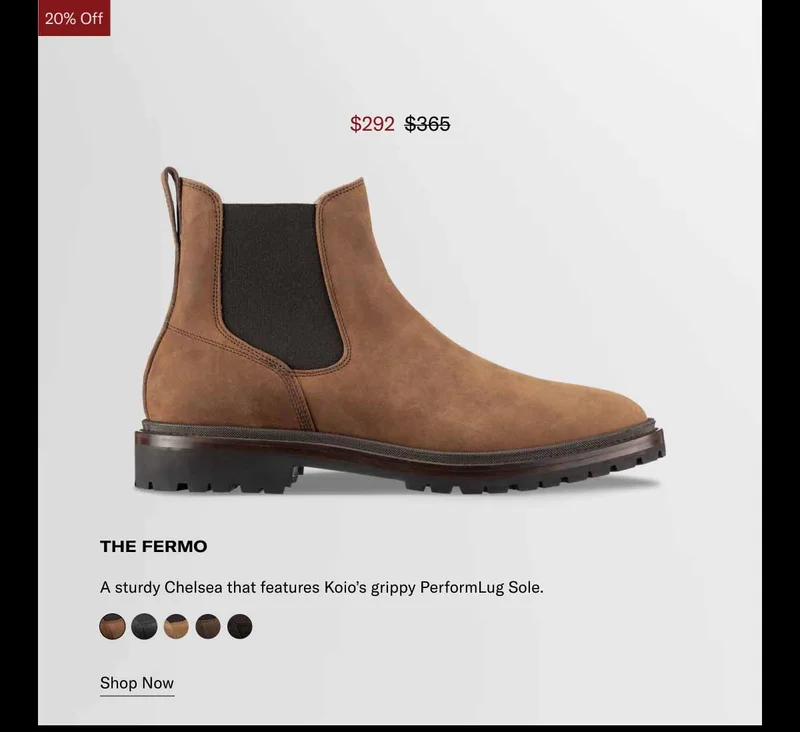20% Off The Fermo. A sturdy Chelsea that features Koio’s grippy PerformLug Sole. Shop Now