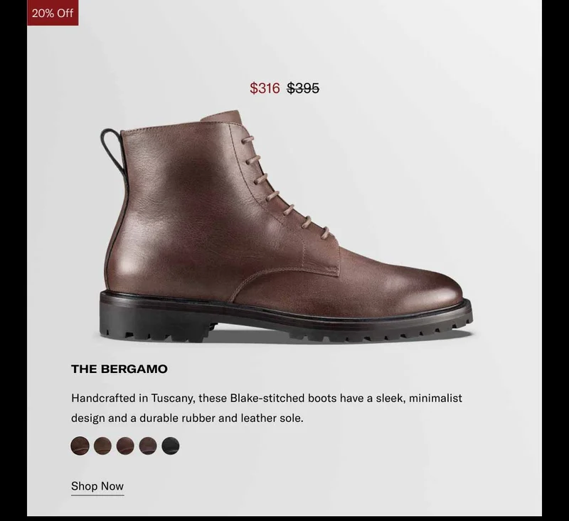 20% Off The Bergamo. Handcrafted in Tuscany, these Blake-stitched boots have a sleek, minimalist design and a durable rubber and leather sole. Shop Now