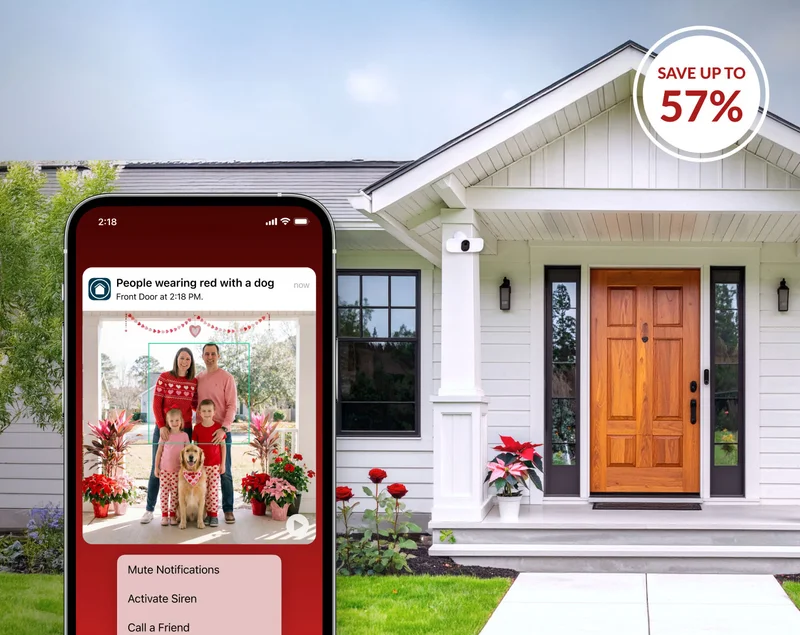 Arlo Video Doorbell and Pro 3 Wireless Floodlight Camera mounted on the exterior of a home. Simulated Arlo Secure screen image shows a notification with animated preview and event descriptions of a family on the front porch from the view of a doorbell. Save up to 57%.