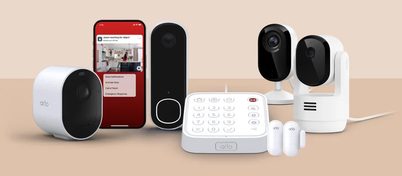 Various Arlo home security products near a phone displaying a simulated Arlo Secure screen image.