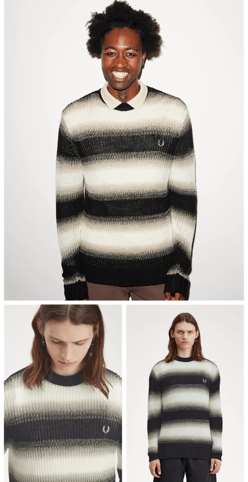Men's black and white faded stripe long-sleeved knitted jumper