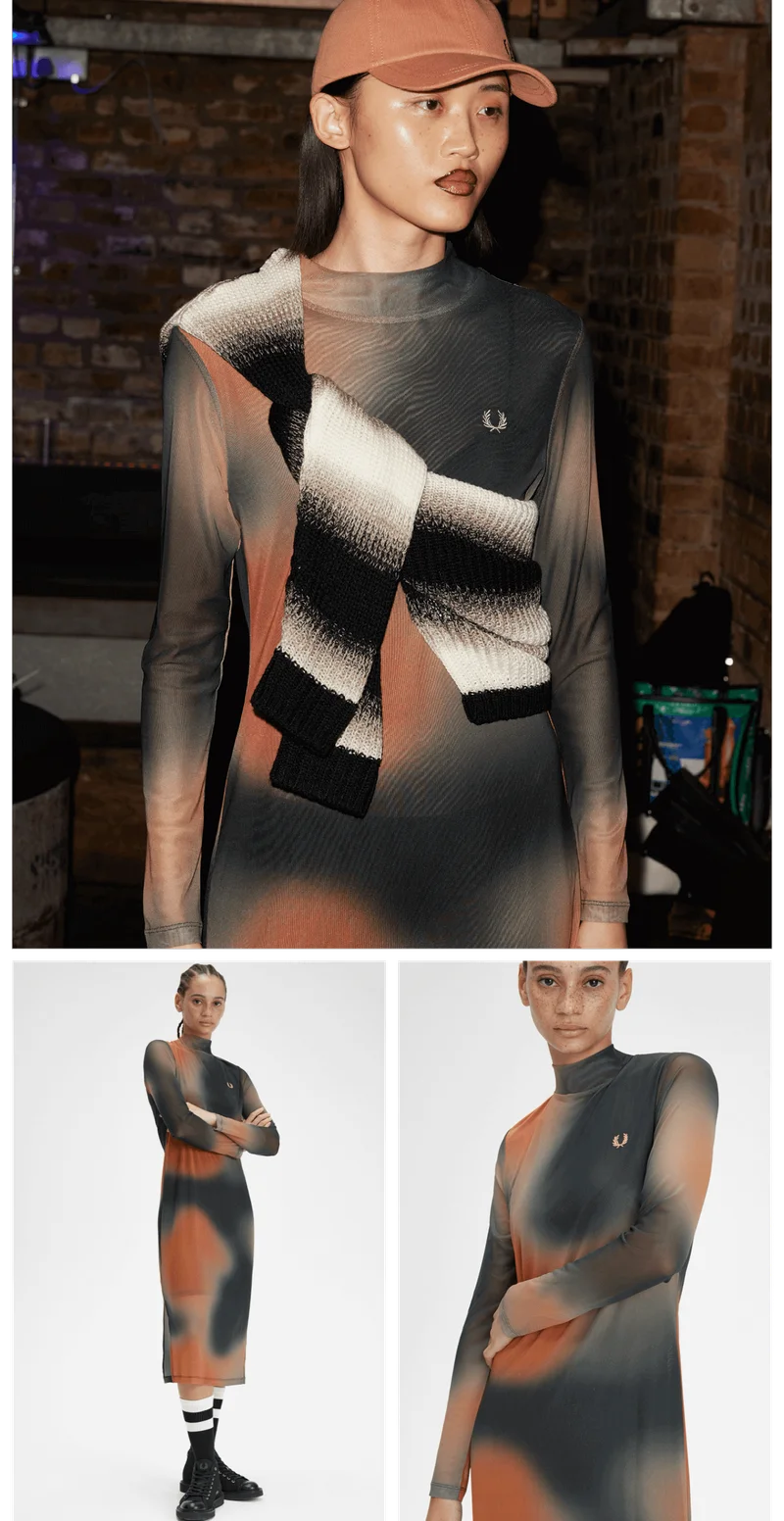 Grey and red brick coloured thermal print mesh dress