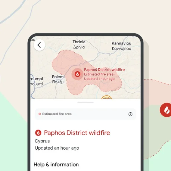 illustration of a smartphone showing a wildfire on a map