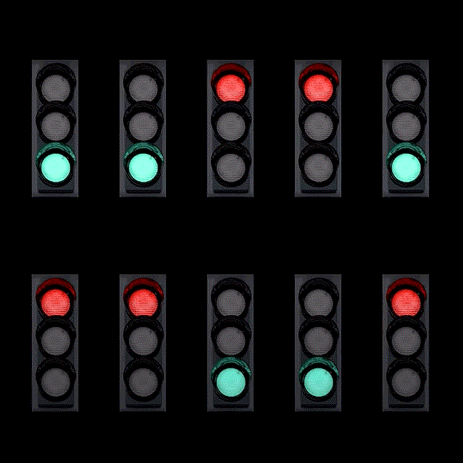 a GIF of 10 traffic lights changing colors
