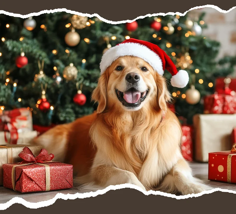 Golden Retriever sat in front of a Christmas tree
