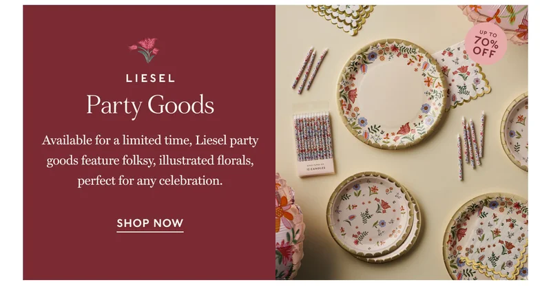 Party Goods Available for a limited time, Liesel party goods feature folksy, illustrated florals, perfect for any celebration. SHOP NOW