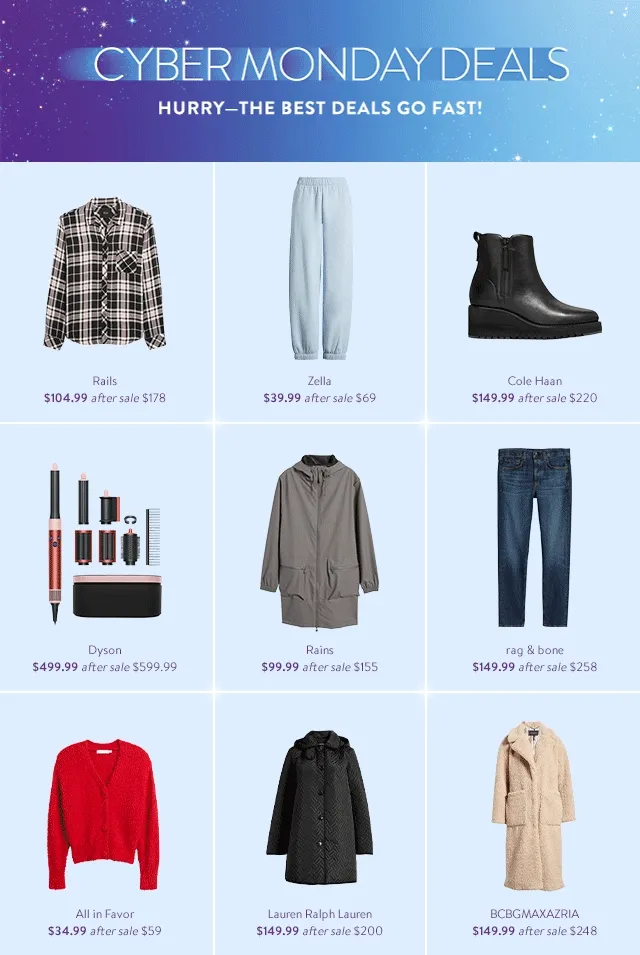 Cyber Monday deals. An assortment of items on sale.