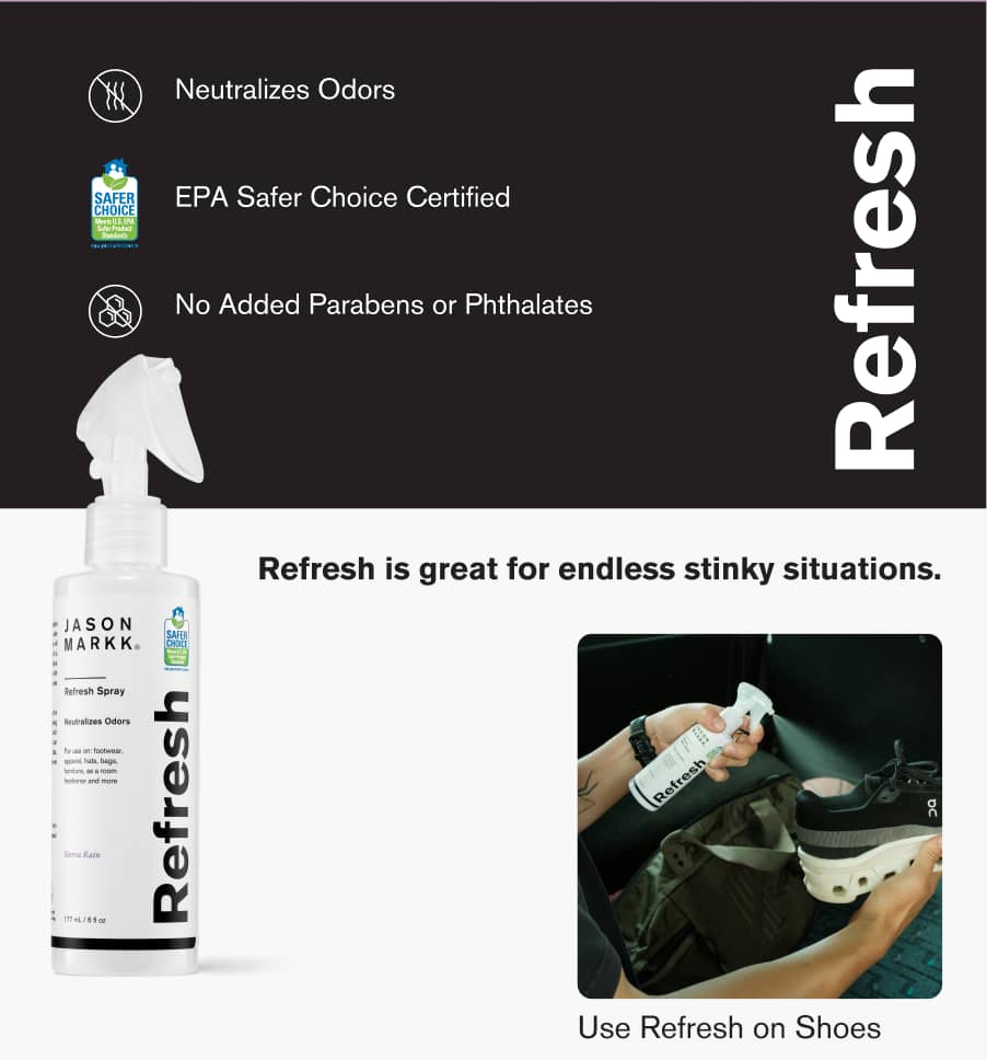 A white spray bottle labeled 'JASON MARKK® Refresh Spray' stands on the left, with text indicating it 'Neutralizes Odors,' is 'EPA Safer Choice Certif...