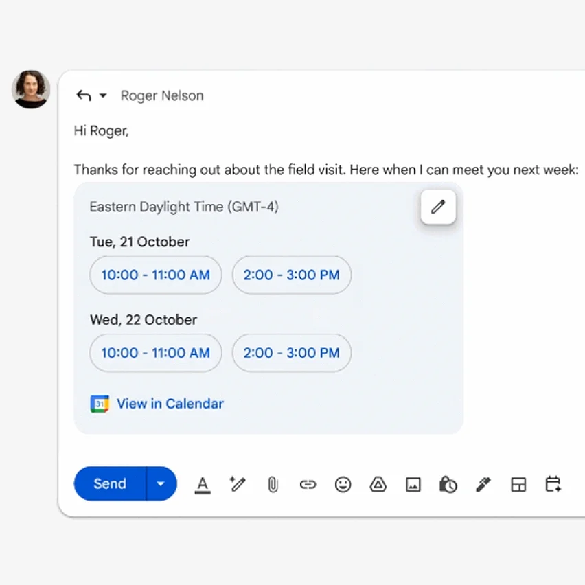 Scheduling widget showing meeting availability on October 21 and 22.