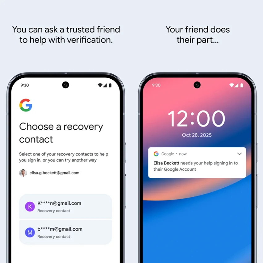 Dual smartphone screens showing Google account recovery setup and contact notification.