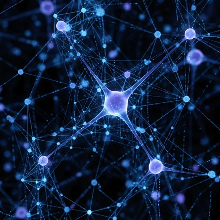 Glowing blue-purple neural network with star-shaped neurons.