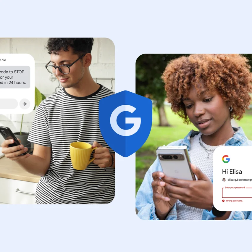 Man reading scam text, woman viewing phishing page, separated by Google 'G' shield.