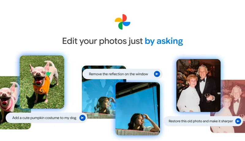 Generative AI photo editing examples: dog in pumpkin costume, reflection removal, and old photo restoration.