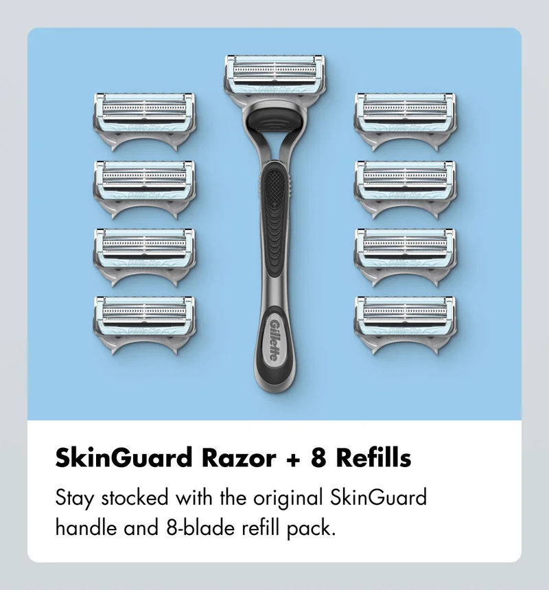 SkinGuard Razor + 8 Refills - Stay stocked with the original SkinGuard handle and 8-blade refill pack.