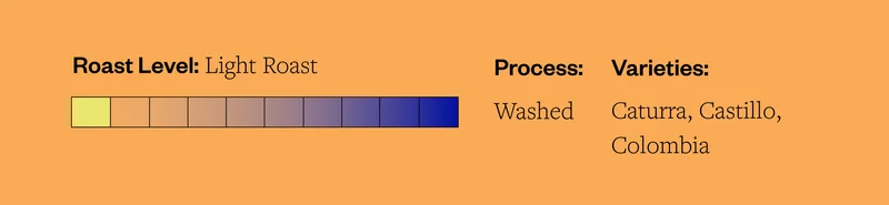 Roast Level: Light Roast Process: Washed Varieties: Caturra, Castillo, Colombia