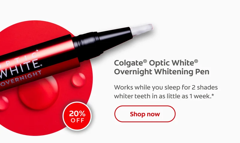 Colgate® Optic White® Overnight Whitening Pen Works while you sleep for 2 shades whiter teeth in as little as 1 week.* 20% 0ff click here to shop now