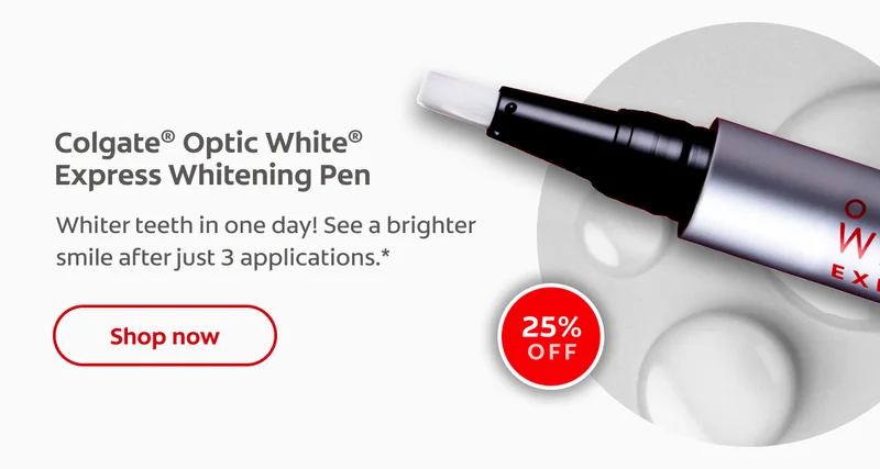 Colgate® Optic White® Express Whitening Pen Whiter teeth in one day! See a brighter smile after just 3 applications.* 25% off click here to shop now