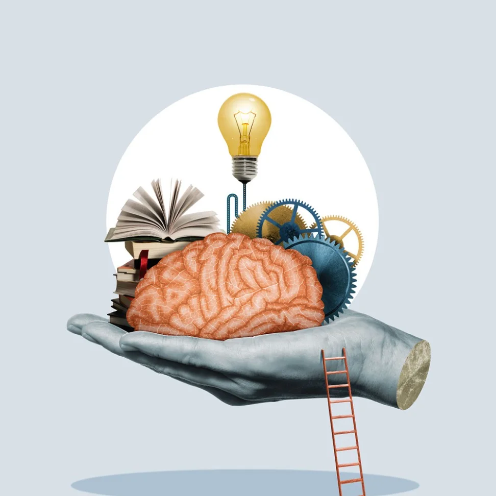 illustration of a hand holding a brain, gears, books and a light bulb